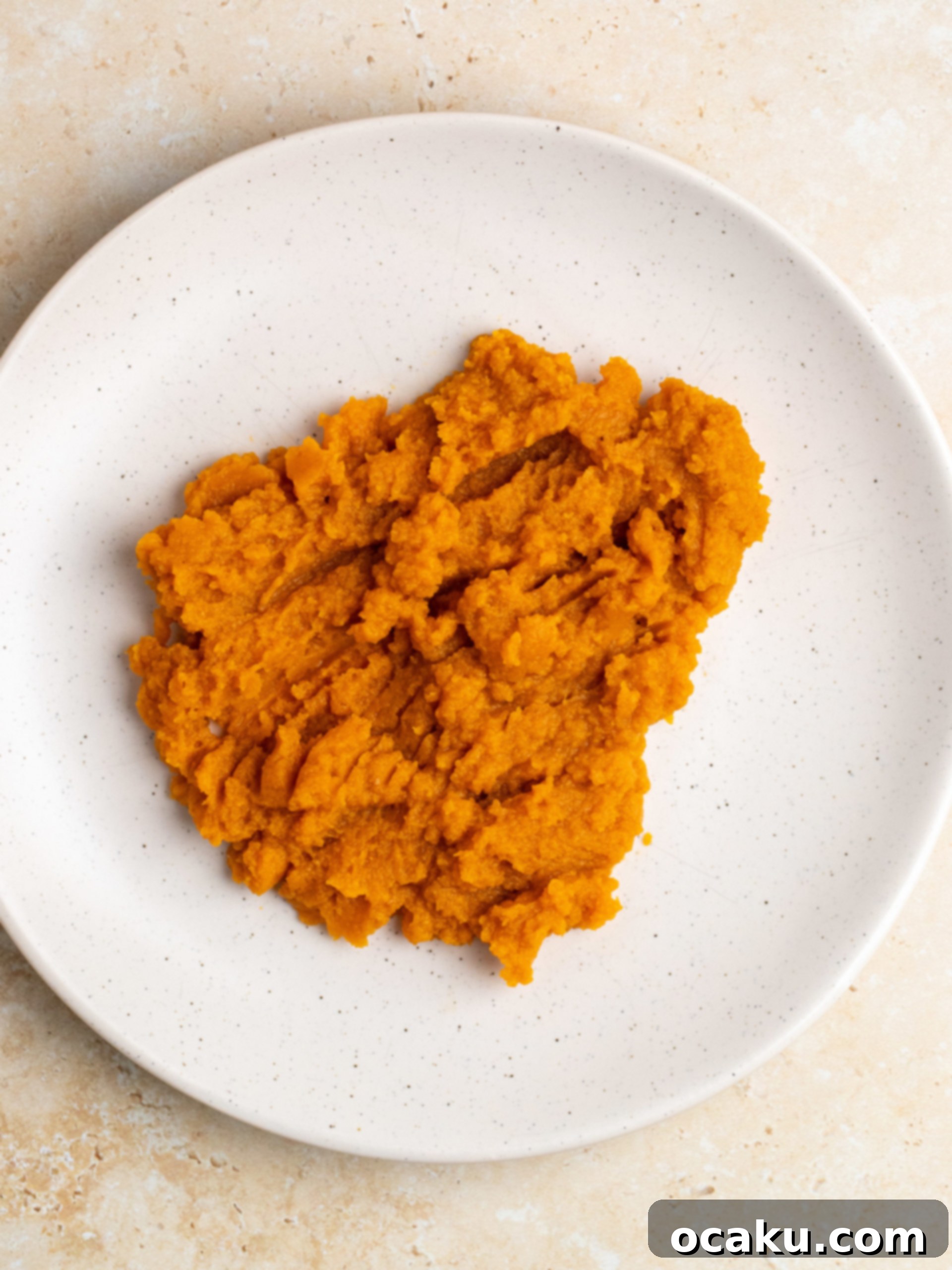 Pumpkin puree being blotted with paper towels to remove excess moisture.