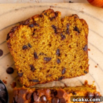 A whole loaf of Pumpkin Chocolate Chip Bread ready to be sliced.