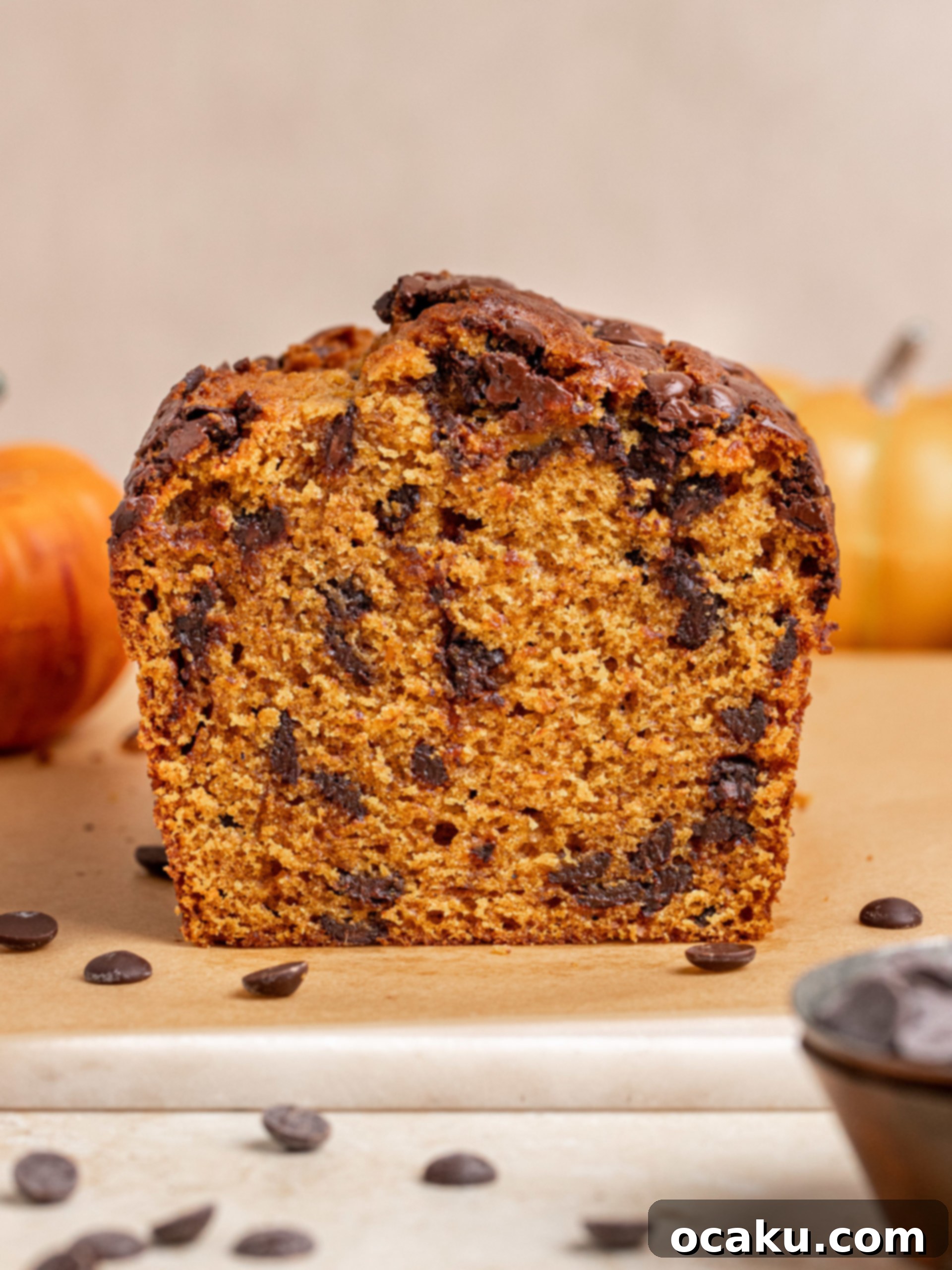 Two slices of moist pumpkin chocolate chip bread on a plate, showing the soft texture and abundant chocolate chips.