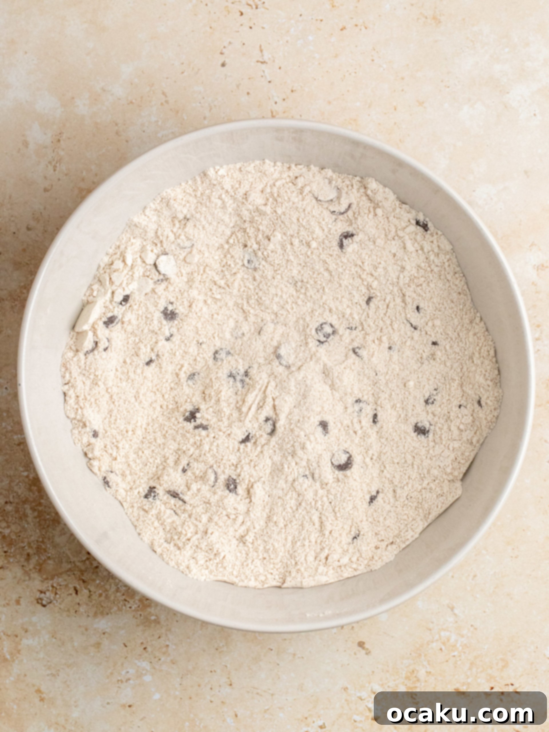 Mixing dry ingredients in a bowl for pumpkin chocolate chip bread.