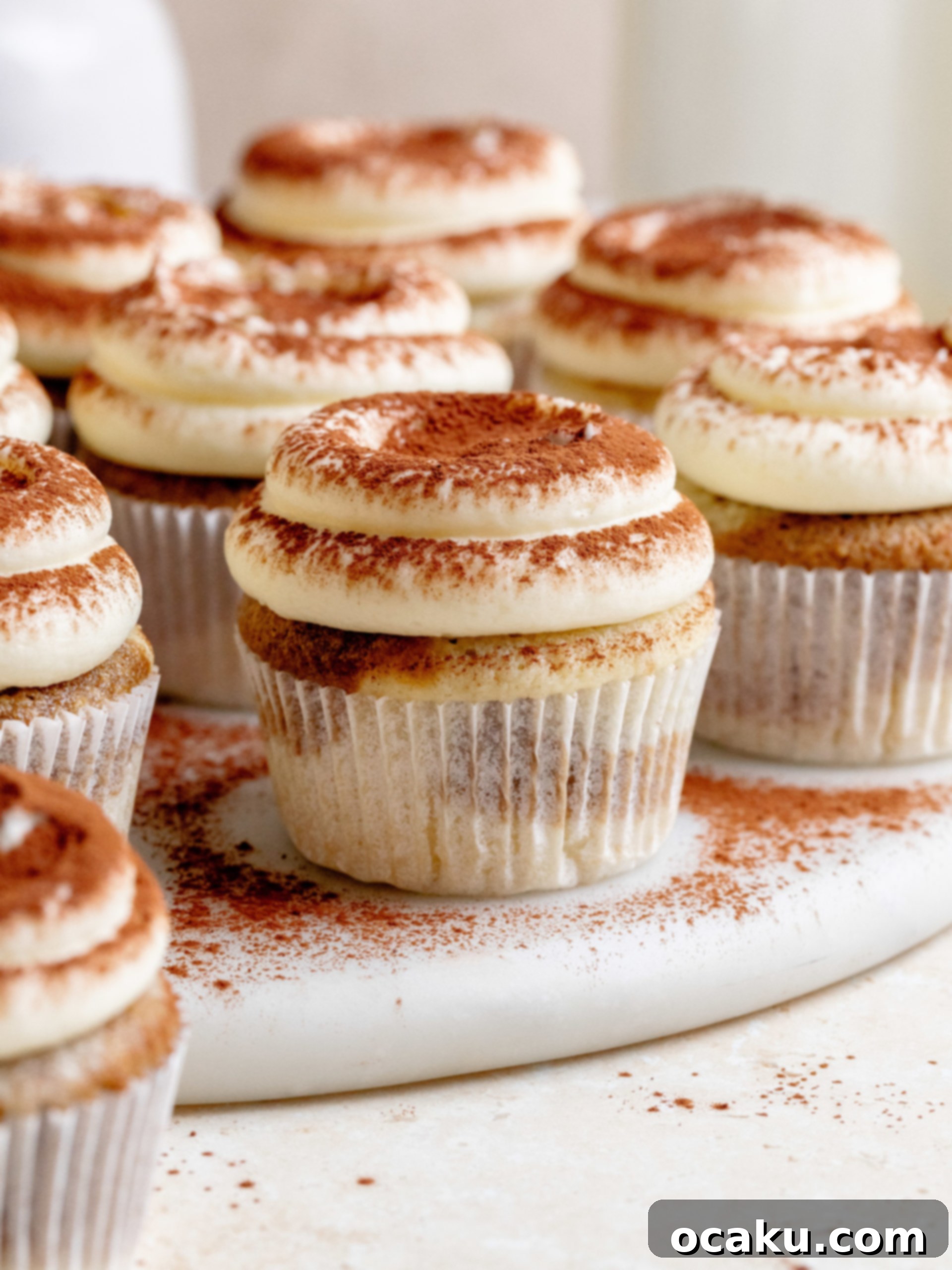 Close-up of Tiramisu Cupcakes showing the detailed Amaretto mascarpone buttercream and cocoa powder dusting.