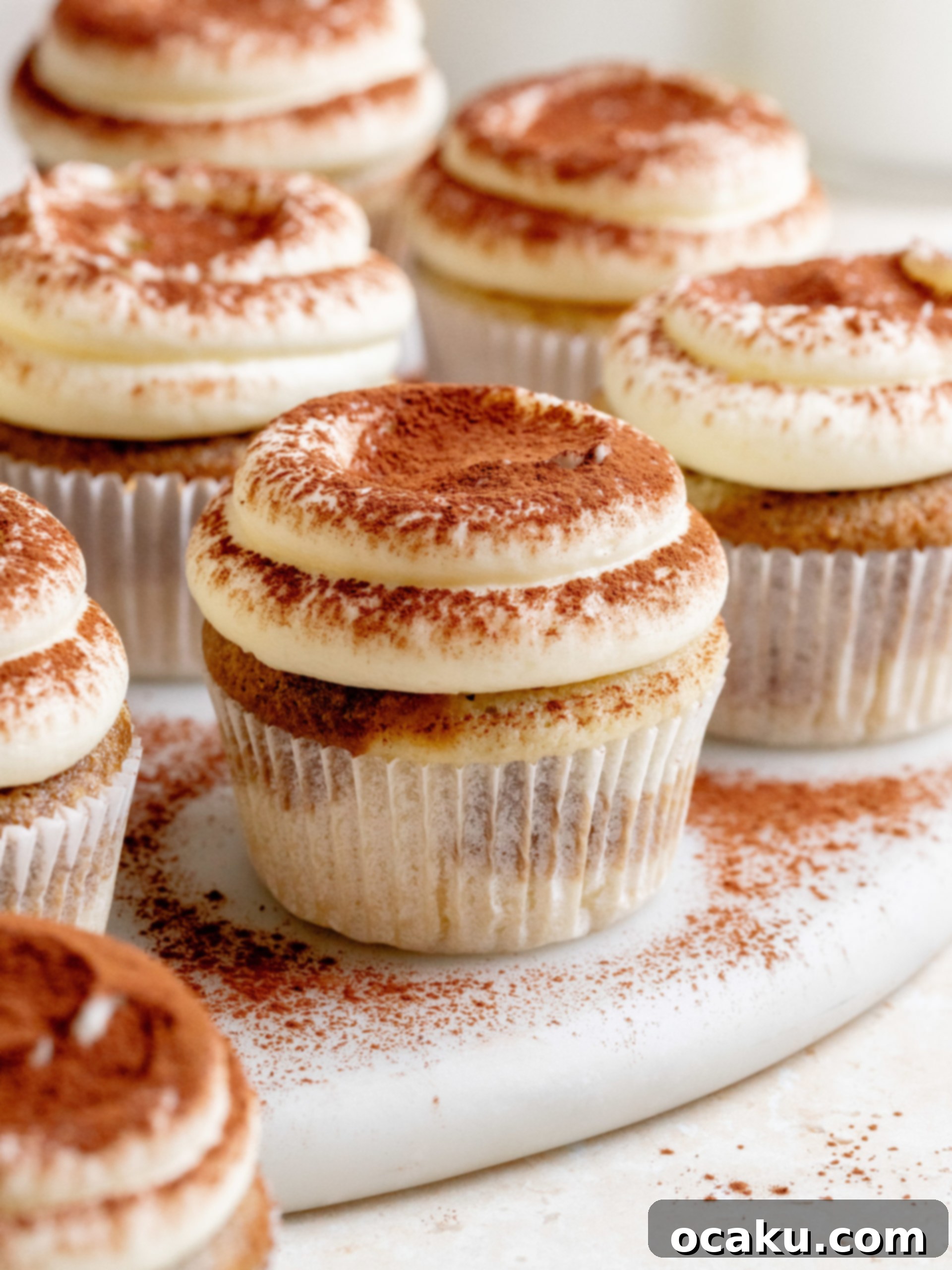 Close-up of a beautifully decorated Tiramisu Cupcake with rich mascarpone frosting and cocoa dusting.