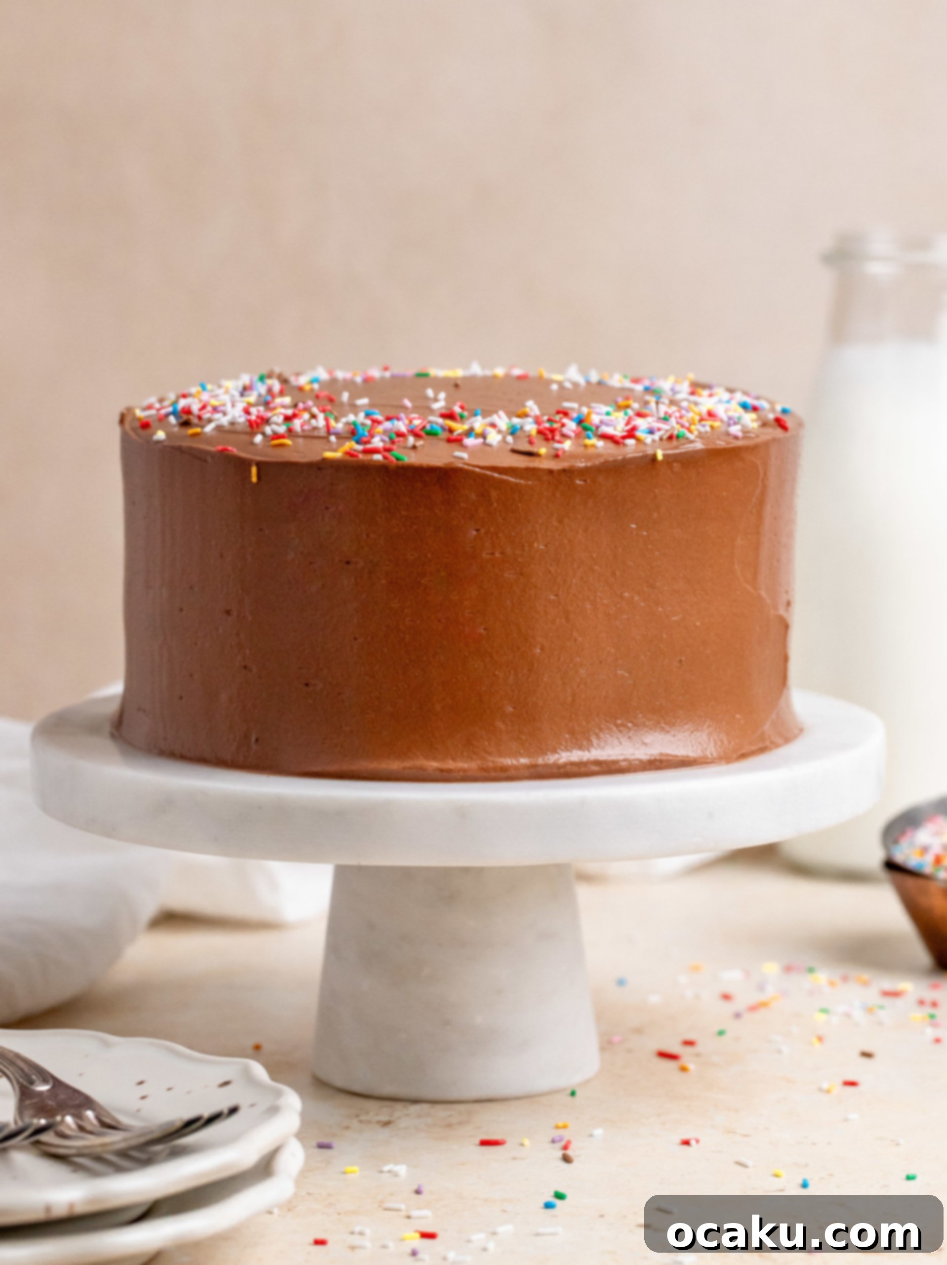 Close-up of a beautifully frosted mini chocolate cake, showcasing its rich brown color and smooth texture, ready to be sliced.