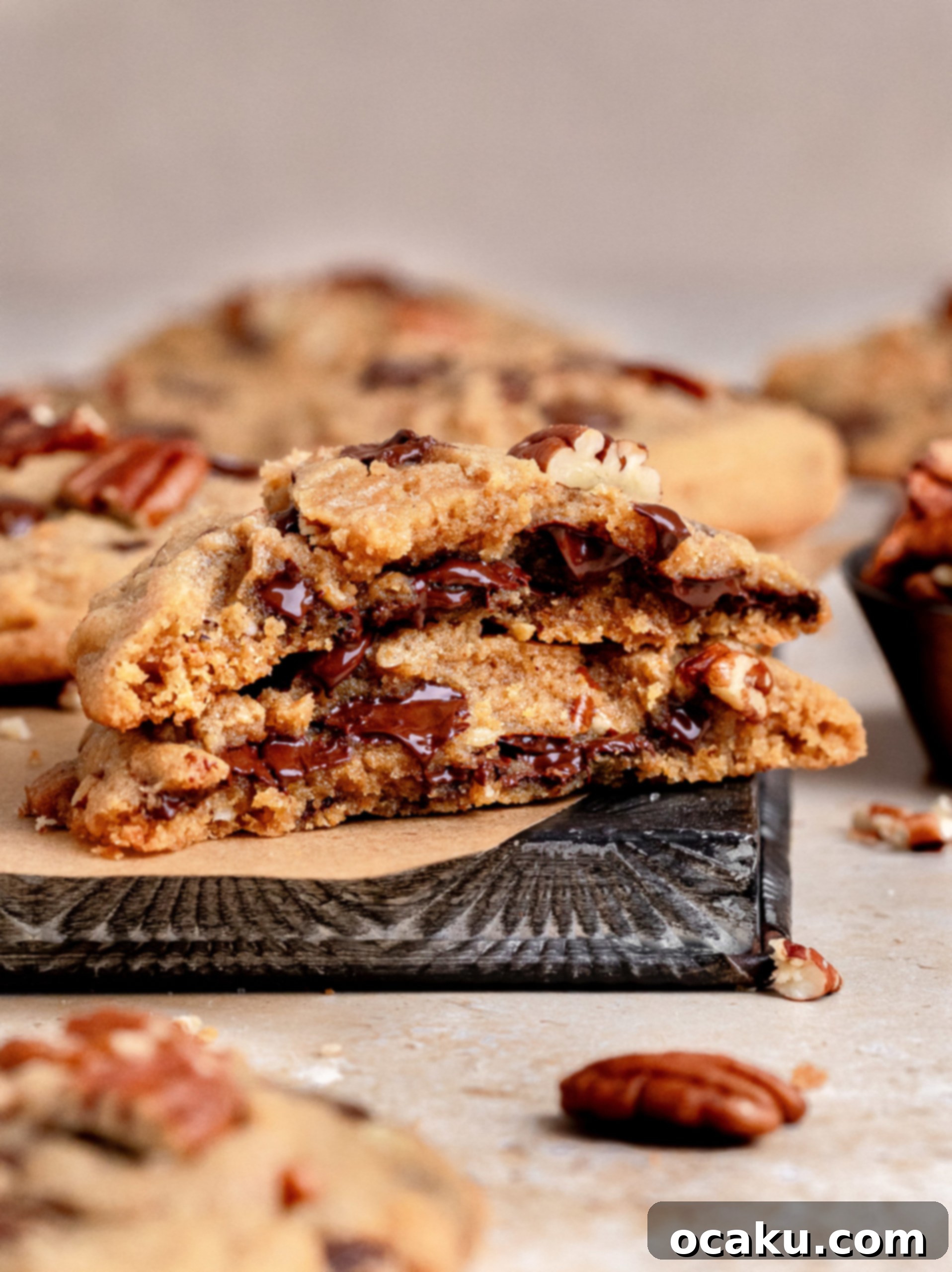Decadent Chocolate Pecan Cookies 10 A close-up of a plate of warm chocolate chip pecan cookies, perfectly baked.