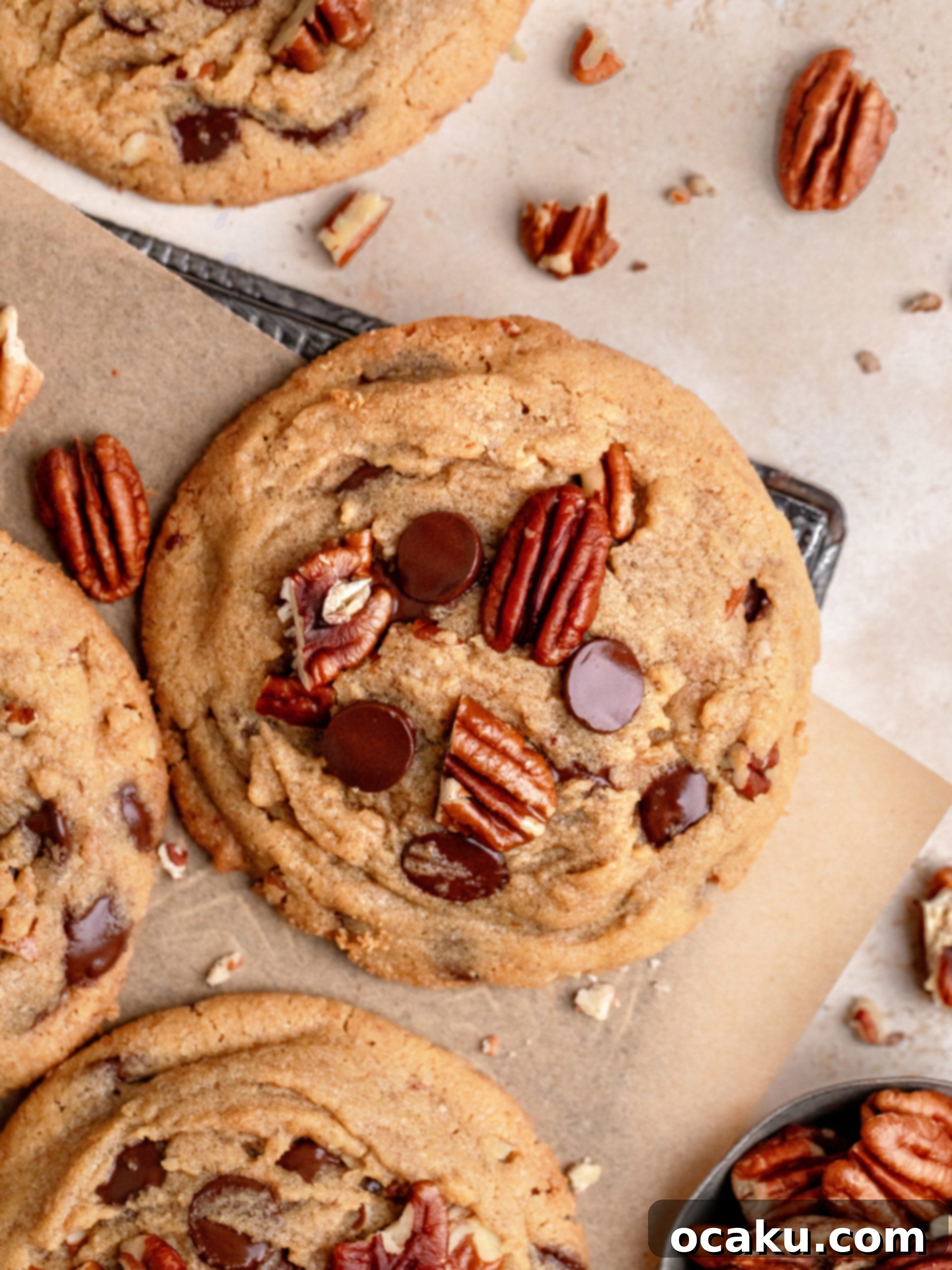 Decadent Chocolate Pecan Cookies 9 Close-up of a single perfect chocolate chip pecan cookie with melted chocolate.