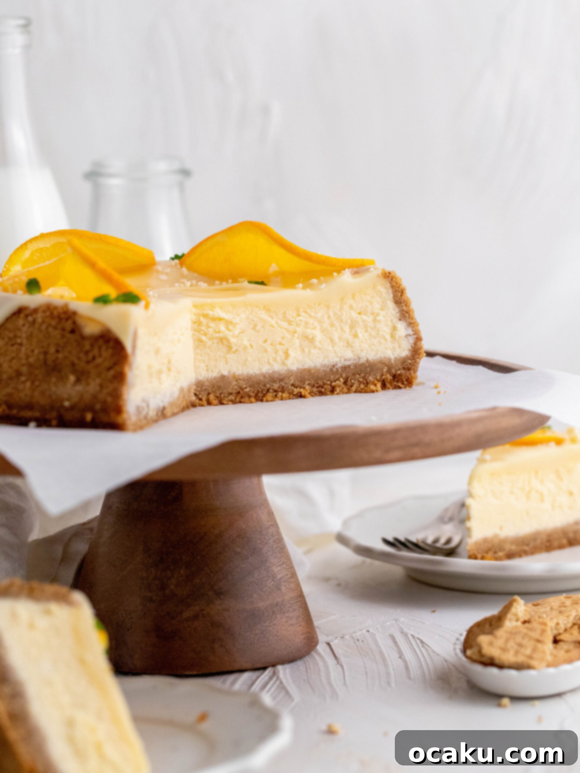 Spritz Sunset Cheesecake 1 Vibrant Aperol Spritz Cheesecake with orange slices and mint leaves on a white background.