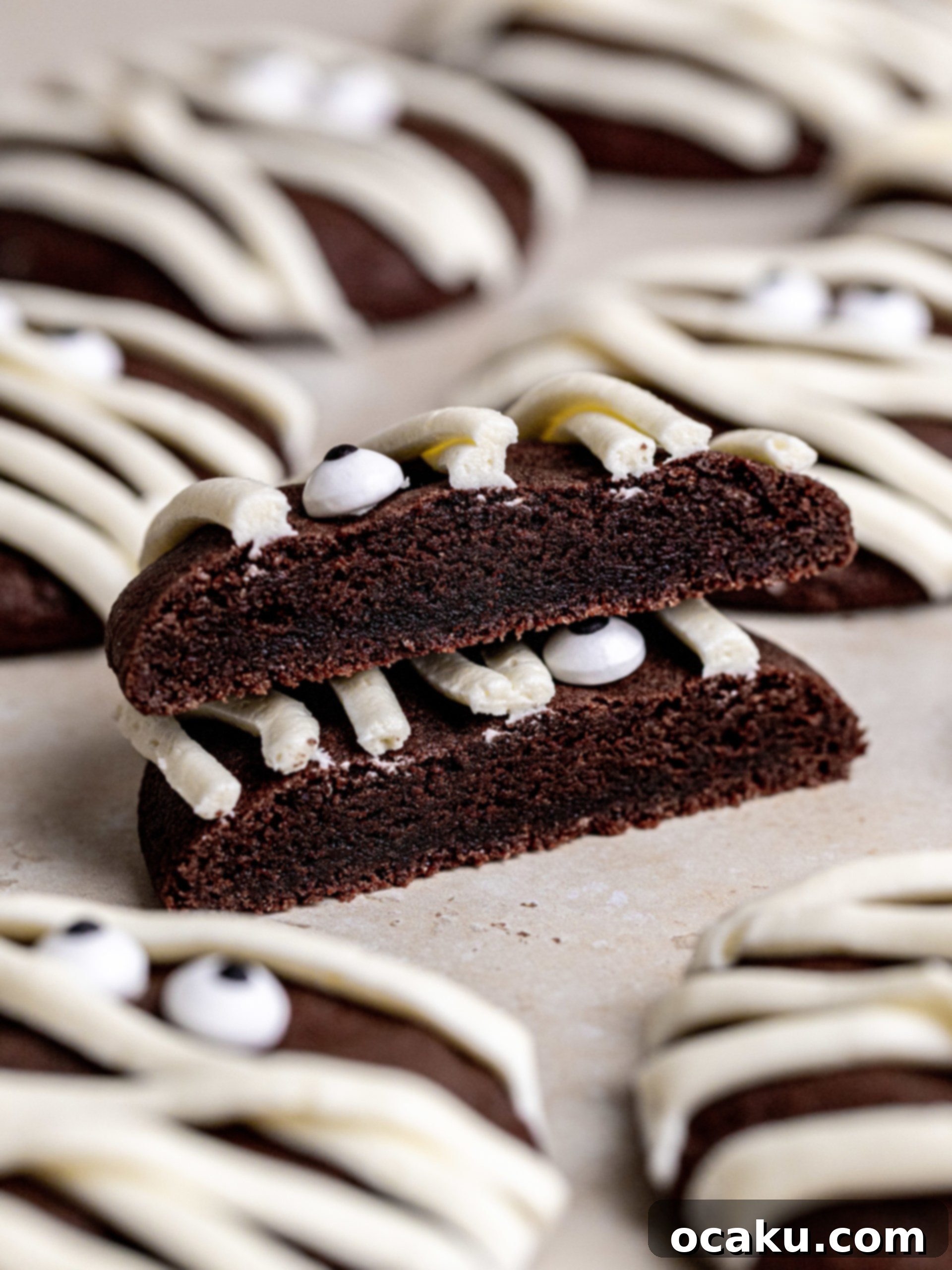 Spooky Halloween Mummy Cookies 6 A close-up of a stack of Halloween Mummy Cookies, showing their fudgy texture and festive decorations.