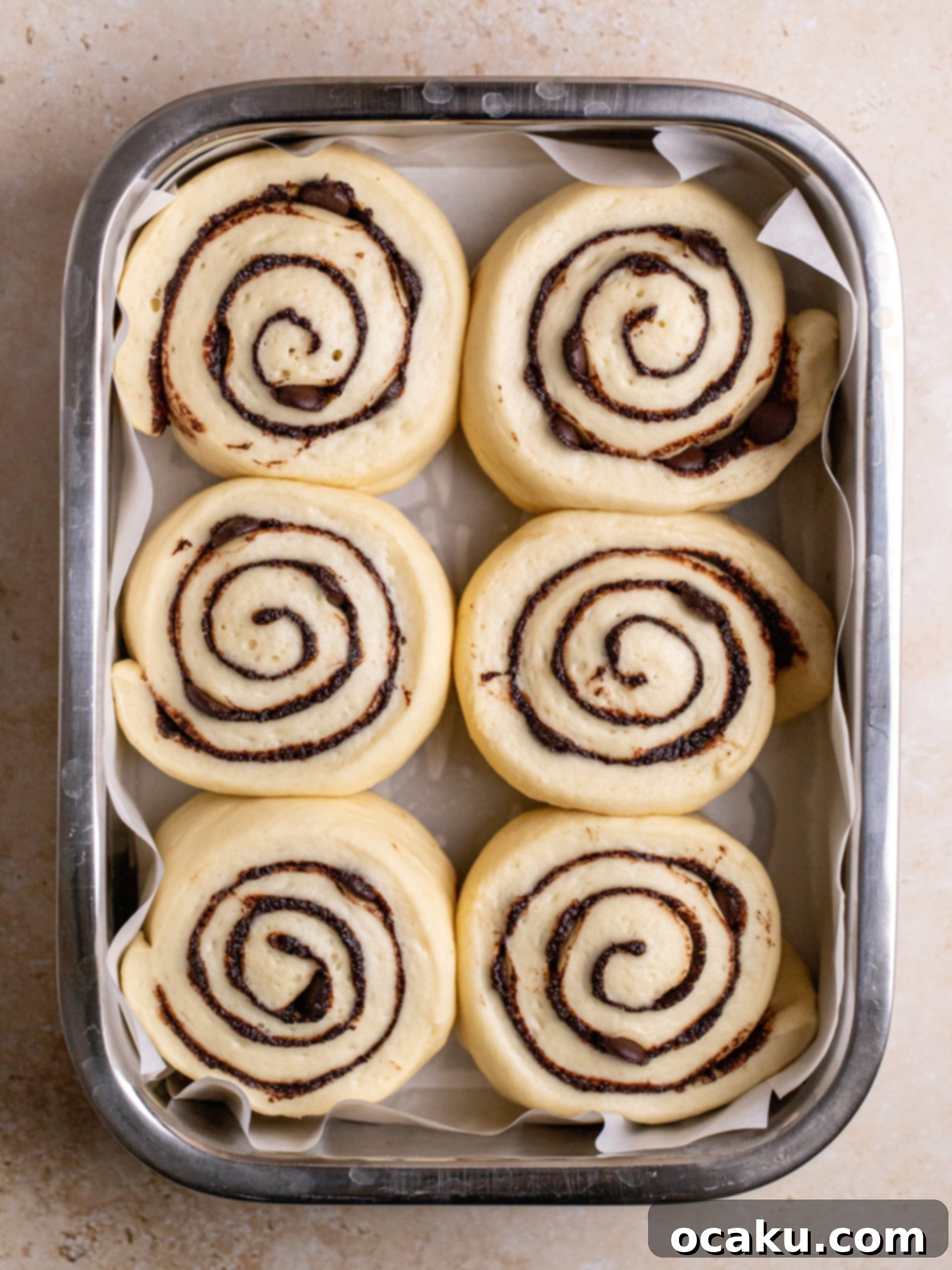 Unbaked chocolate cinnamon rolls placed in a baking dish, ready for second rise