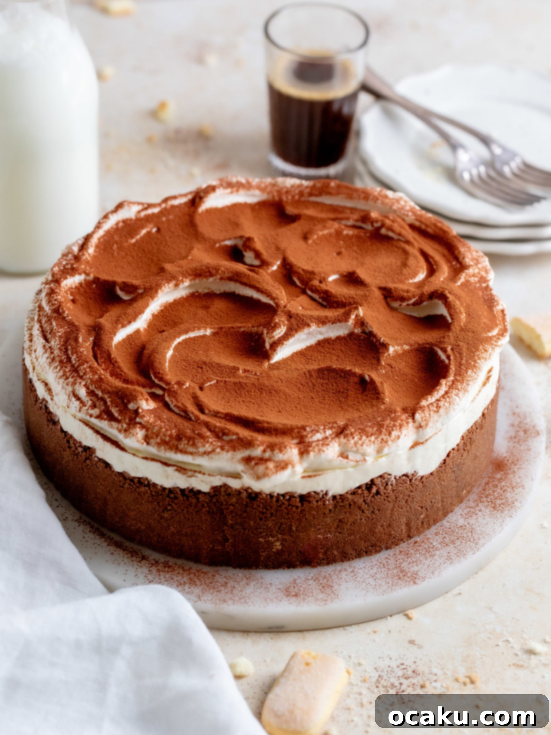 Aperol Spritz Cheesecake Close-up of Tiramisu Cheesecake with ladyfingers visible in the middle