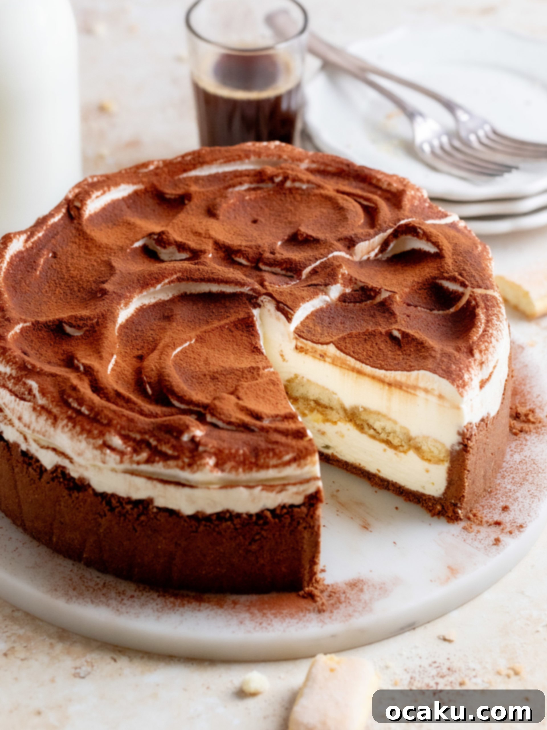 Tiramisu Cheesecake Indulgence 8 A large slice of Tiramisu Cheesecake on a serving dish.