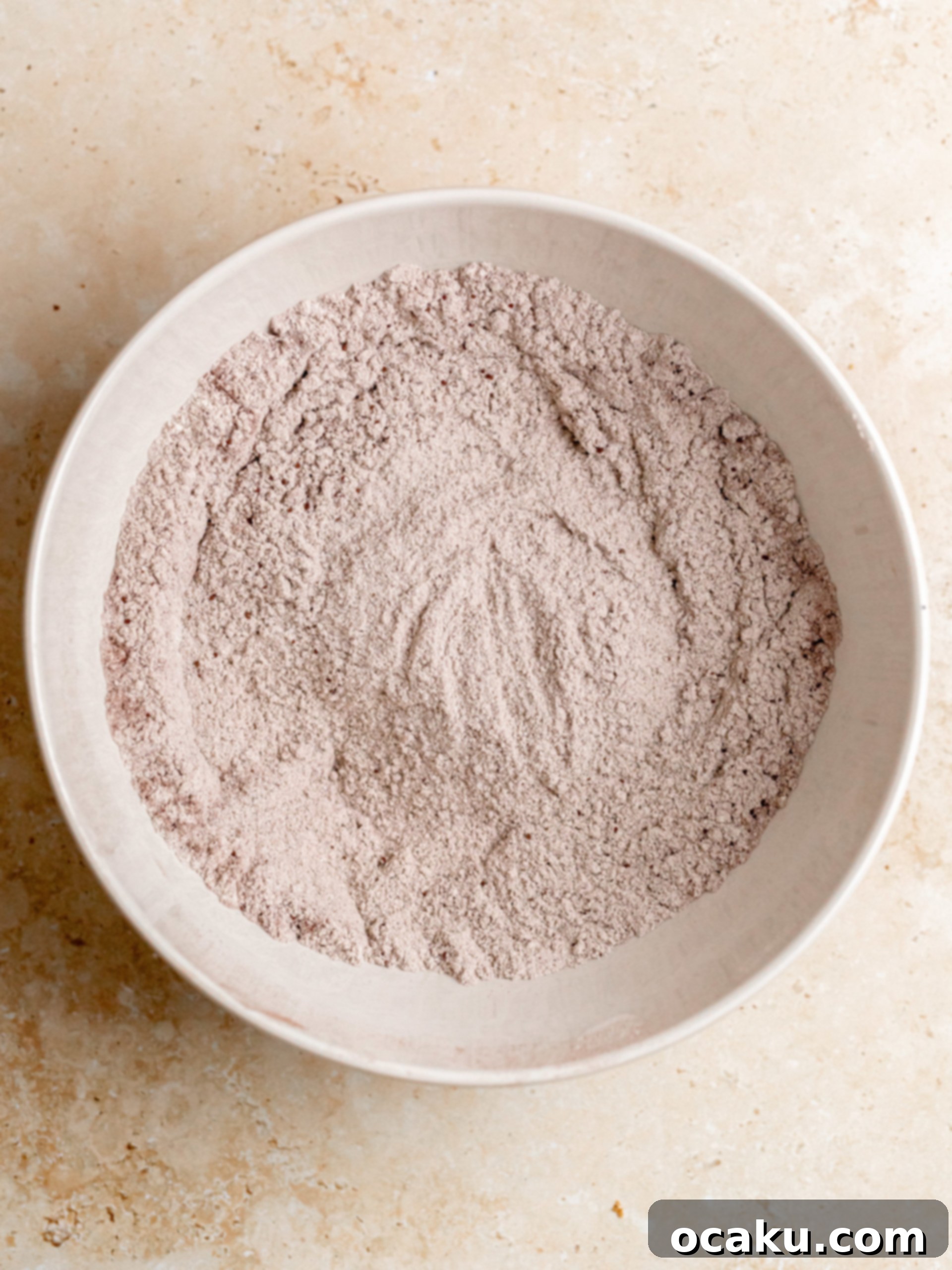 Dry ingredients for red velvet cupcakes in a bowl